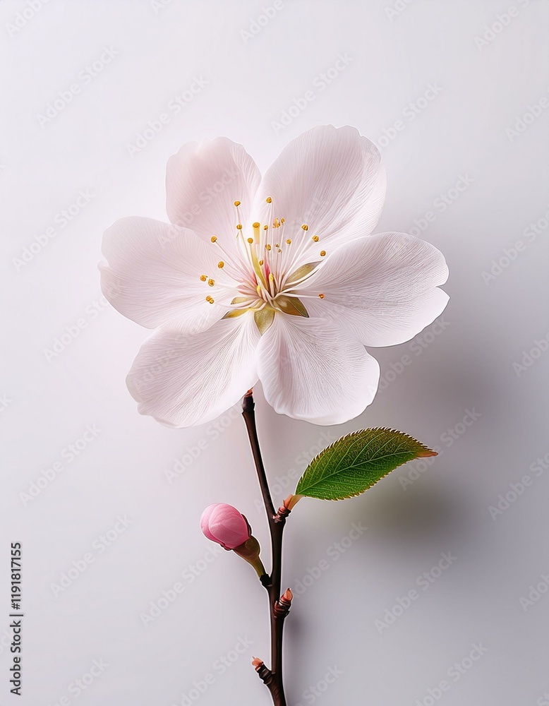 Fototapeta premium 白い背景に春の桜の花が1輪、暖かく穏やかな印象を与えるシンプルでミニマルなデザイン 