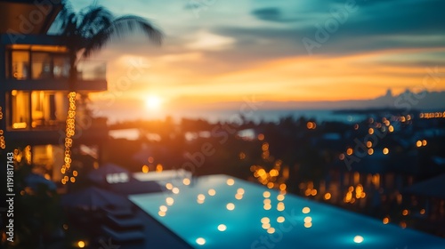 With a wide-angle view of luminous blurred bokeh effect, charming hotel views and dynamic travel activities come to life in vibrant morning light, as the sun rises over the horizon