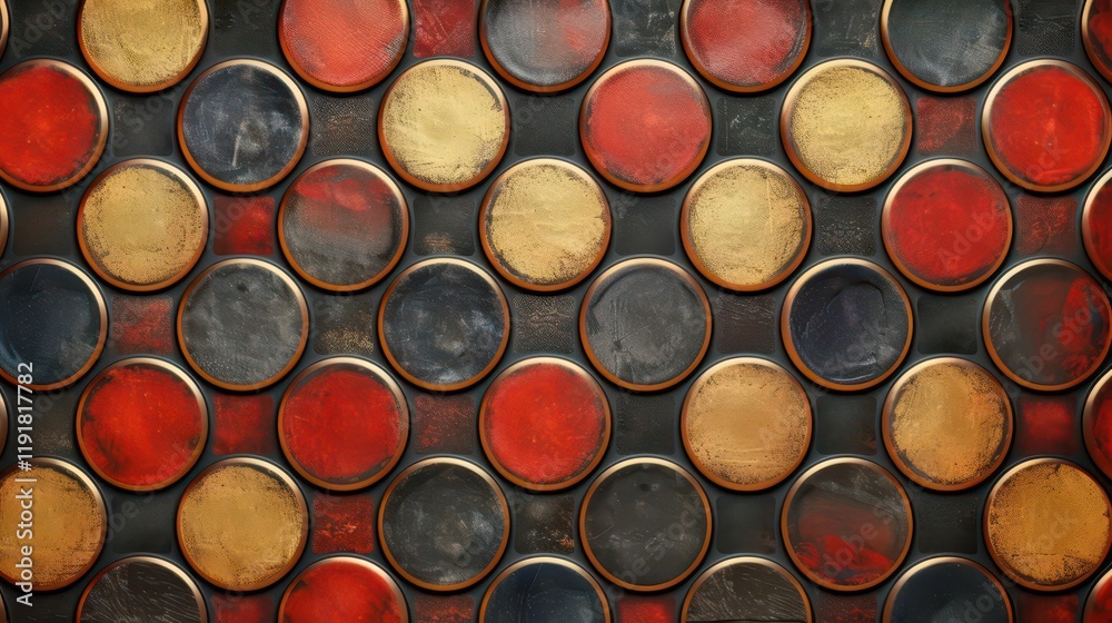 A textured arrangement of circular paint can lids in various colors, creating a vibrant pattern. A textured arrangement of circular paint can lids in various colors, creating a vibrant pattern.