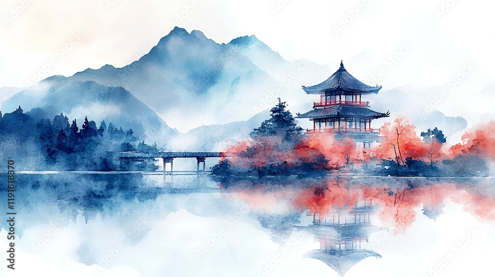 Fototapeta premium A tranquil watercolor painting depicting a serene landscape with a pagoda, misty lake, and mountains. The reflection adds to the peaceful atmosphere.