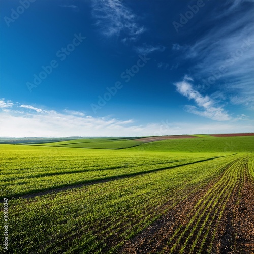 Wallpaper Mural vibrant green farm landscape with soil conservation practices under clear blue sky Torontodigital.ca