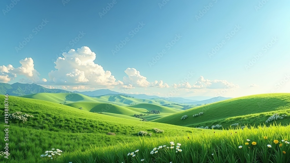Fototapeta premium Sunlit green field, eye-level vista; serene mountains silhouette against a soft blue sky dotted with white clouds, sunlight casting warm hues from the right