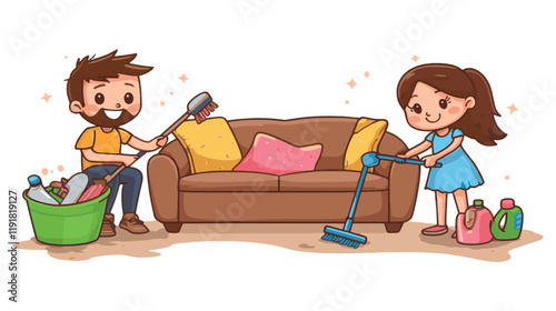 vector cartoon two child with cleaner