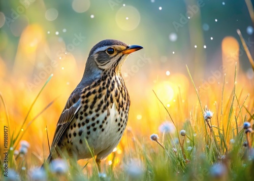 Mistle Thrush Dew-Kissed Dawn: Tilt-Shift Macro Photography of Turdus viscivorus photo