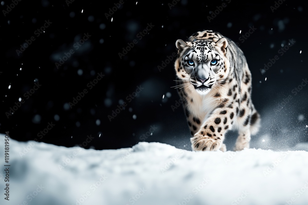 Fototapeta premium Snow leopard prowling through a snowy field at night, with intense blue eyes and a dramatic snowy backdrop.