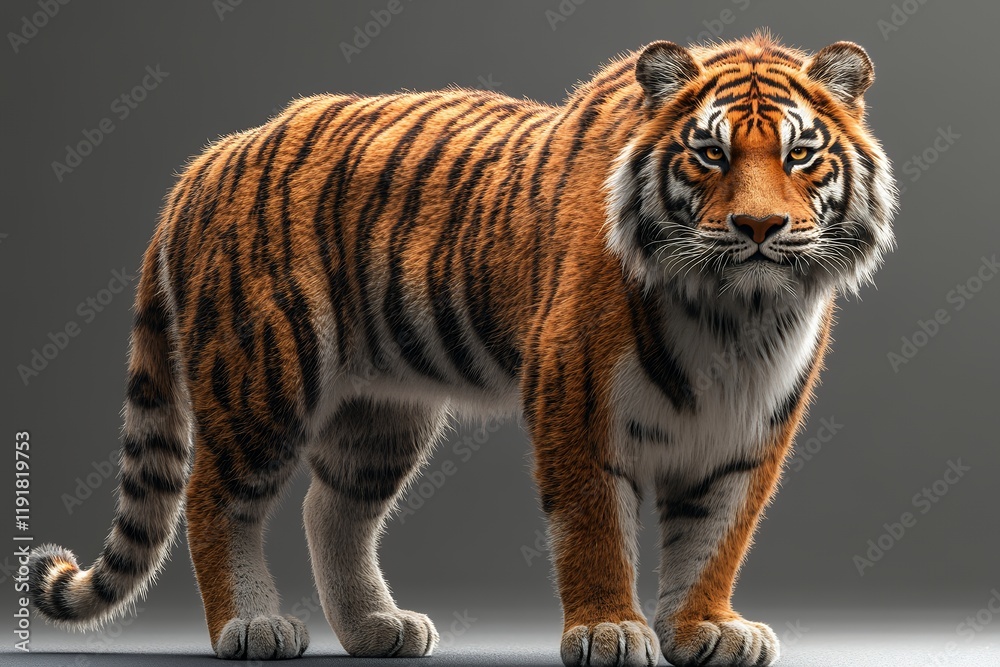 Obraz premium A stunning digital rendering of a Siberian tiger, showcasing its majestic beauty and power. The intricate details of its fur and intense gaze create a captivating image.