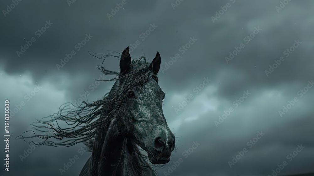 Obraz premium A majestic black horse stands against a dramatic, stormy sky.