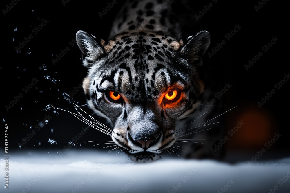 Focused snow leopard with vivid orange eyes and a fierce expression, prowling through a snow-covered terrain under dramatic lighting, emphasizing its power and mystique.