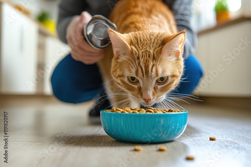 Playful ginger cat watching food poured in cheerful kitchen