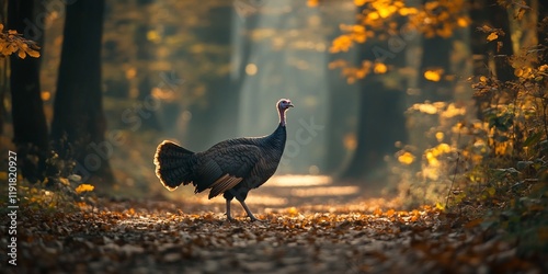 Wild turkey strolling autumn forest path