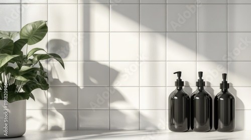 Minimalist Bathroom Still Life: Black Bottles and Lush Greenery Against White Tiles