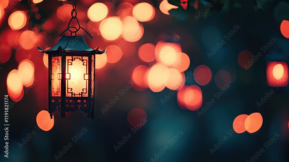 Illuminated lantern hanging outdoors at night, bokeh background, festive atmosphere, ideal for holiday cards Illuminated lantern hanging outdoors at night, bokeh background, festive atmosphere, ideal for holiday cards