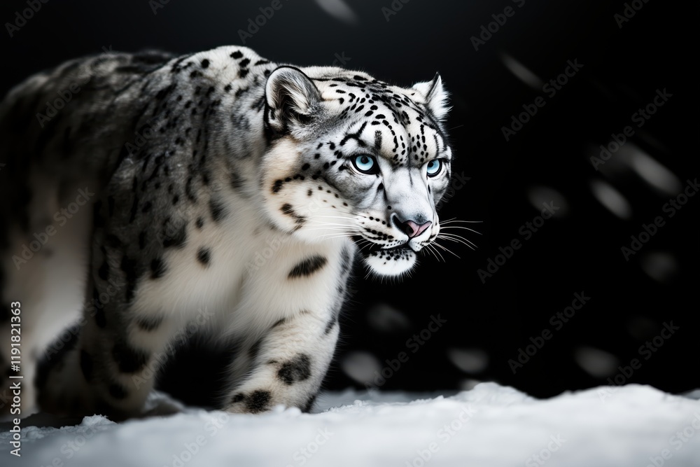 Side profile of a snow leopard walking gracefully in a snowy landscape, showcasing its spotted fur and sharp focus. Side profile of a snow leopard walking gracefully in a snowy landscape, showcasing its spotted fur and sharp focus.