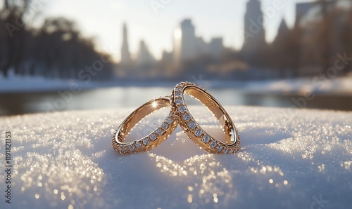 Winter wedding rings, NYC park, sunset
