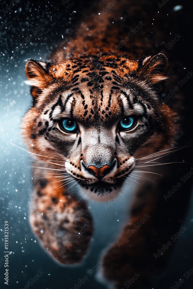 Intense close-up of a snow leopard’s face with striking blue eyes, surrounded by a snowy environment. Intense close-up of a snow leopard’s face with striking blue eyes, surrounded by a snowy environment.