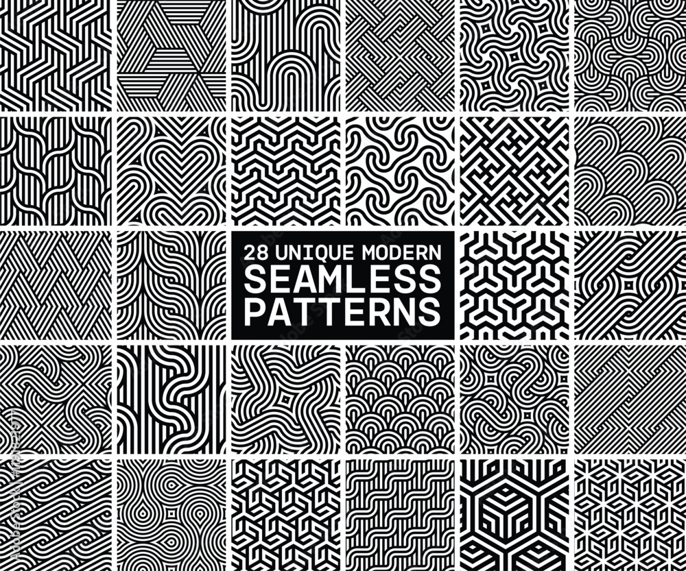Vector set of 28 geometric linear patterns. Collection of seamless modern textures for your design.
