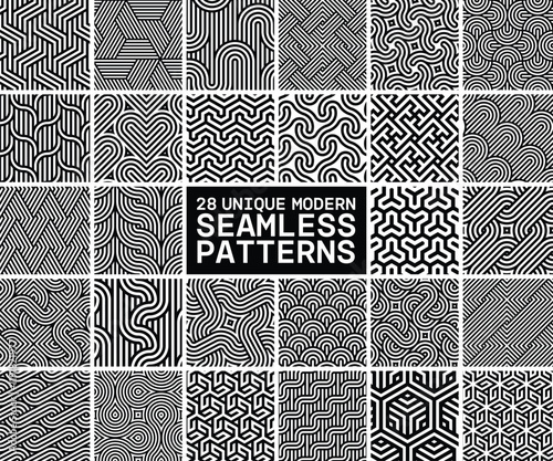 Vector set of 28 geometric linear patterns. Collection of seamless modern textures for your design.