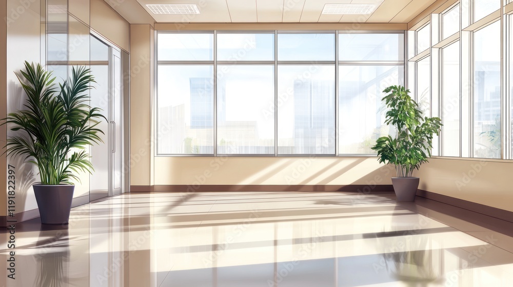 Fototapeta premium Sunlit Office Hallway: Tranquil Modern Interior Design