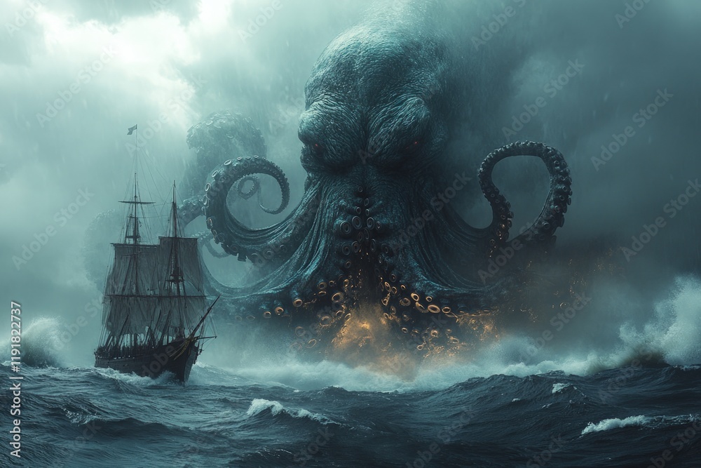 Fototapeta premium Giant kraken attacks old sailing ship in stormy sea.