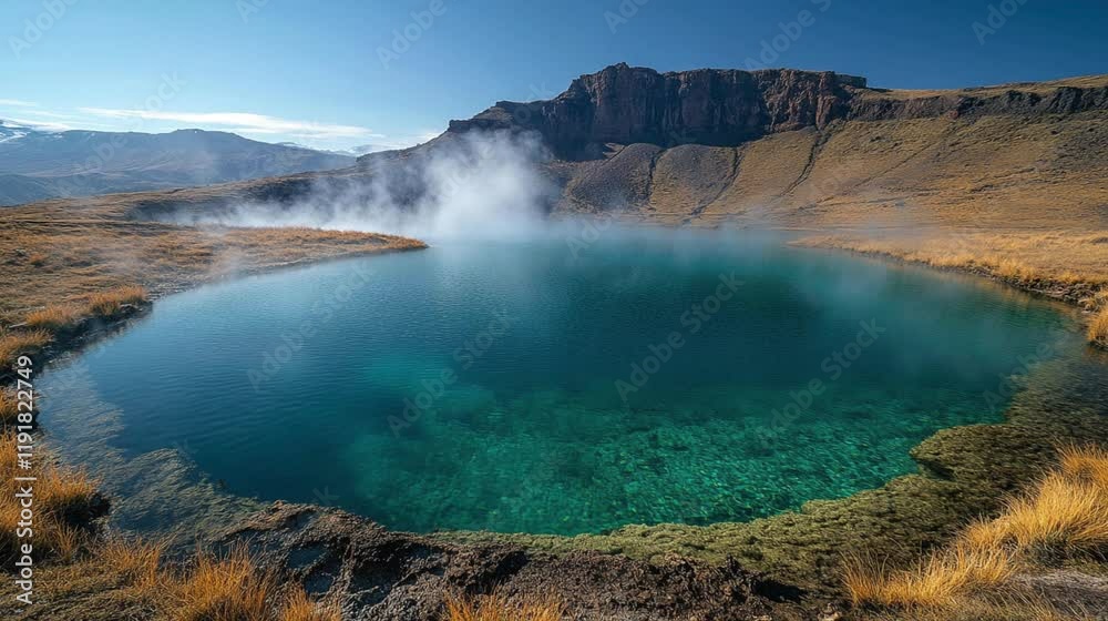 Turquoise Waters of a Volcanic Crater Lake Surrounded by Rugged, Steaming Terrain, volcanic crater lake, turquoise waters, steaming lake, rugged terrain, volcanic landscape Turquoise Waters of a Volcanic Crater Lake Surrounded by Rugged, Steaming Terrain, volcanic crater lake, turquoise waters, steaming lake, rugged terrain, volcanic landscape