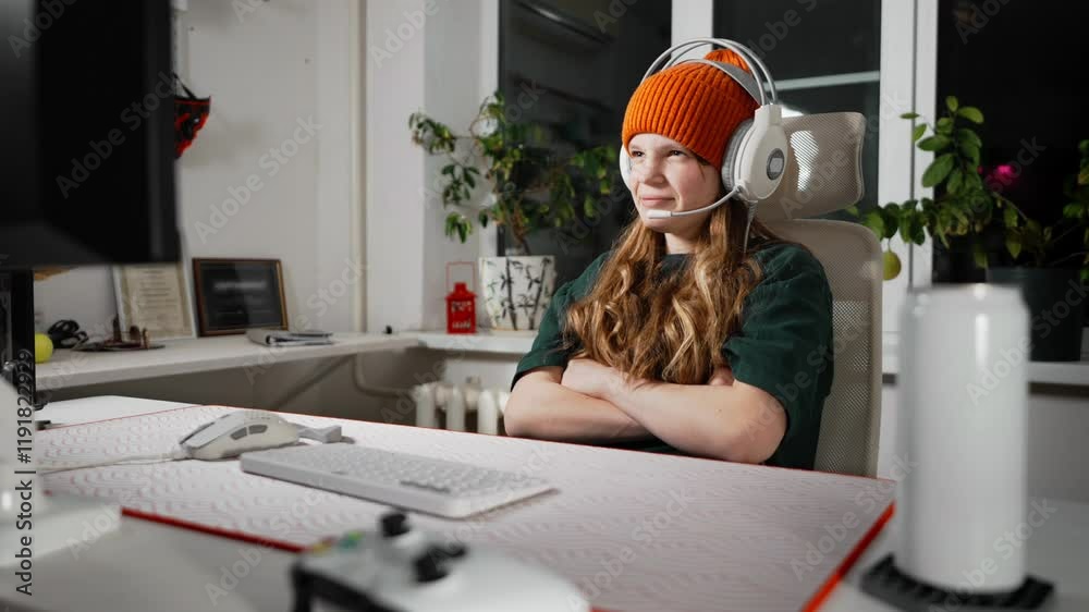 Smiling professional gamer, pretty young girl in headset playing online video games, chatting and joking with friends, team members, in bright room home. Concept digital interaction.