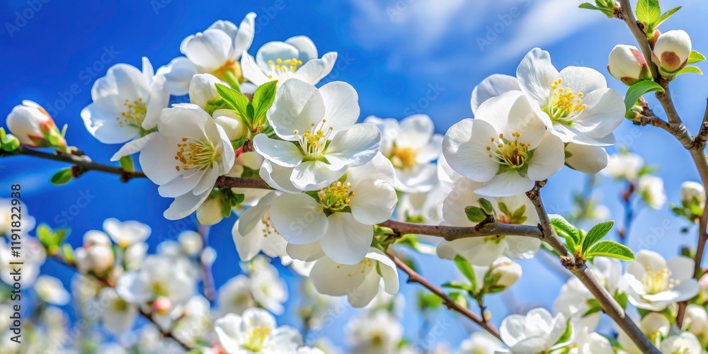 Obraz premium Quince Blossom Photography: White Flowers, Blue Sky, Fruit Tree Spring Bloom