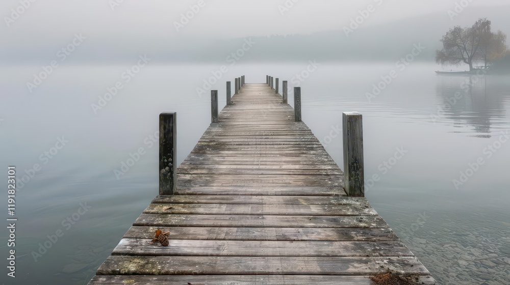 Fototapeta premium A serene wooden dock extending into a misty lake, creating a tranquil atmosphere.