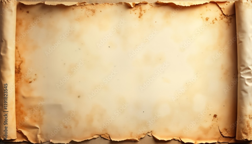 Fototapeta premium Aged parchment scroll shows vintage texture. Antique paper sheet uneven edges, distressed look. Vintage material great for historical theme retro design. Blank surface suitable for copy space design.