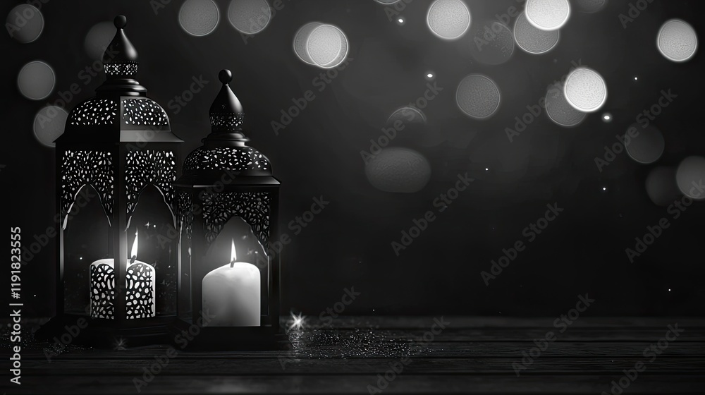 Fototapeta premium Festive Ramadan lanterns, candles, bokeh background; greeting card