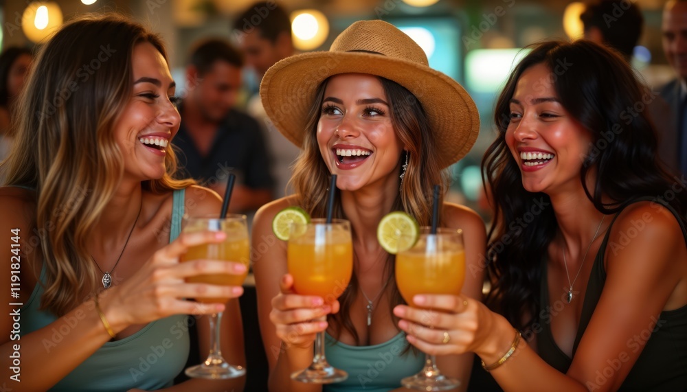 Three happy young women enjoy cocktails at bar. Smiling, laughing. Seem to good time together, celebrating. Summer vacation weekend party happening. Lively atmosphere present. Three happy young women enjoy cocktails at bar. Smiling, laughing. Seem to good time together, celebrating. Summer vacation weekend party happening. Lively atmosphere present.
