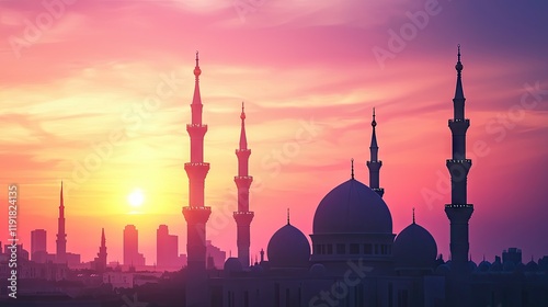 Wallpaper Mural Sunset silhouette of mosque, city skyline. Peaceful evening, travel, religious tourism Torontodigital.ca