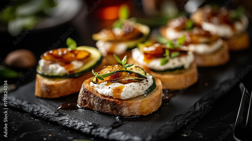 Modern Dining Scene with Crostinis, Whipped Ricotta, Zucchini, and Maple Syrup Modern Dining Scene with Crostinis, Whipped Ricotta, Zucchini, and Maple Syrup