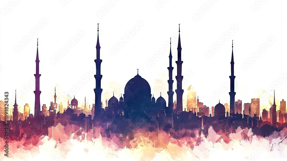 Fototapeta premium Arabian city skyline sunrise, mosque silhouette, travel poster