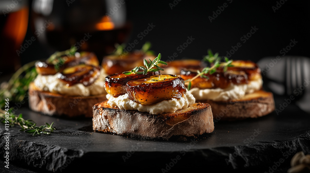 Modern Dining Scene with Crostinis, Whipped Ricotta, Zucchini, and Maple Syrup Modern Dining Scene with Crostinis, Whipped Ricotta, Zucchini, and Maple Syrup