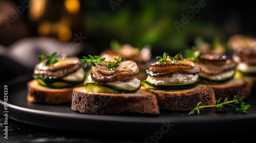 Modern Dining Scene with Crostinis, Whipped Ricotta, Zucchini, and Maple Syrup photo