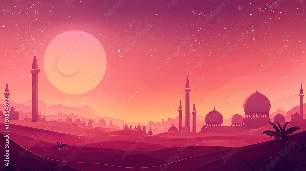 Obraz premium Desert City Sunset Arabian landscape at dusk, stars and crescent moon. Travel, tourism, and cultural backgrounds