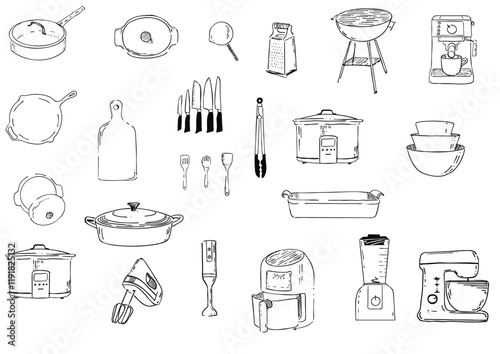  hand drawn linework vector illustration set of kitchen items