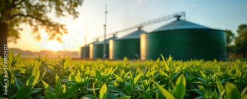Rural countryside landscape with biogas plant. Green tanks for biofuel production visible in background. Rich green plants in foreground. Sunny sunrise atmosphere. Sustainable energy production from