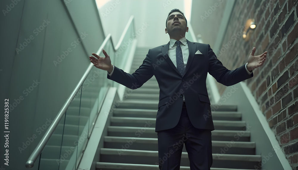 businessman stands confidently on stairs, arms outstretched, exuding determination and ambition businessman stands confidently on stairs, arms outstretched, exuding determination and ambition