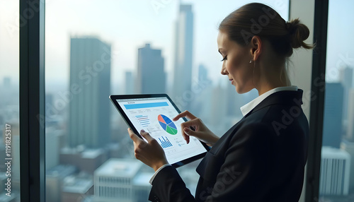 businesswoman analyzing insurance data on tablet with city skyline
