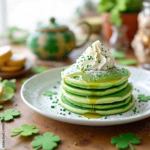 Celebrate St. Patrick's Day with festive green shamrock pancakes topped with whipped cream and sugar sprinkles. Perfect for holiday breakfast or lunch, featuring themed decorations and copyspace for t photo