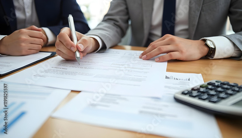 Signing insurance contract with hands on paperwork and calculator