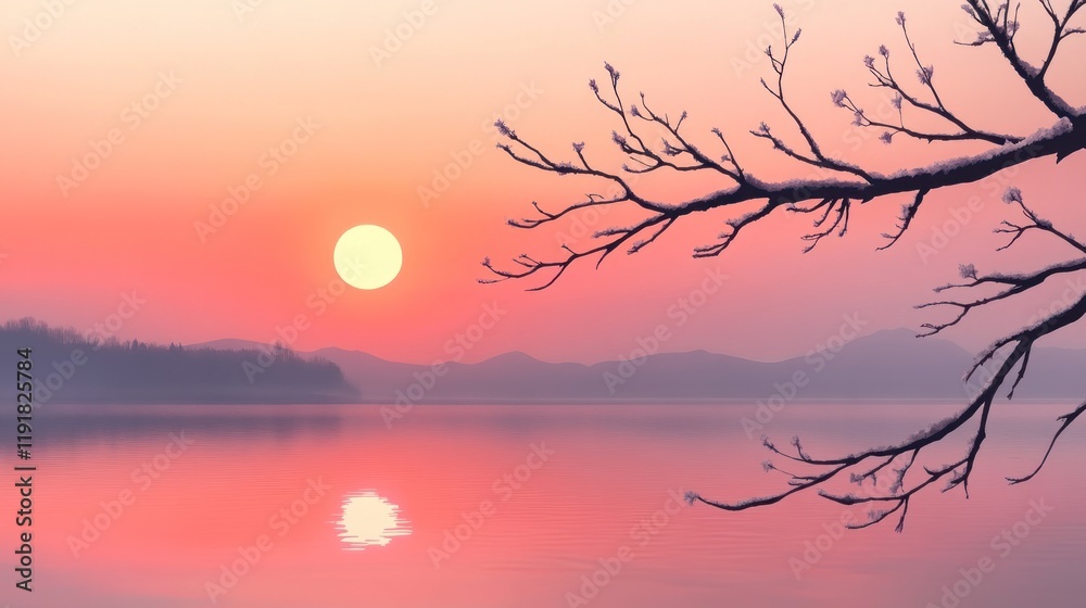 Obraz premium Serene Sunset Over a Tranquil Lake in Winter