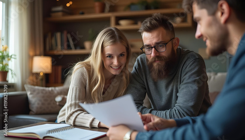 Engaged couple discussing insurance options with agent in cozy setting photo