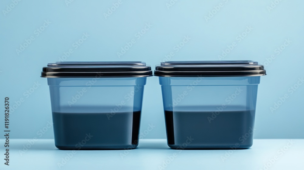 Two Plastic Containers with Dark Liquid Against a Light Blue Background Two Plastic Containers with Dark Liquid Against a Light Blue Background