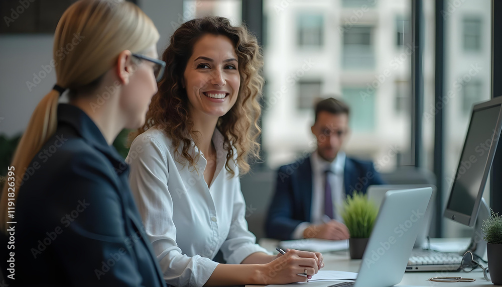Obraz premium Professional women discussing in modern office, showcasing teamwork and collaboration. Their expressions reflect positivity and engagement