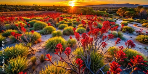 Stunning Drone Photography: Kangaroo Paw Flowers, Australian Flora, Aerial View, Native Plants, Wildflowers, Outback Beauty photo