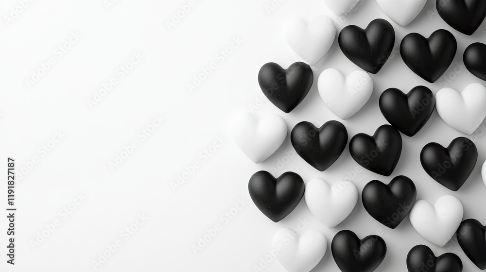 Fototapeta premium Black and white hearts on white background; love, contrast, design, greeting card
