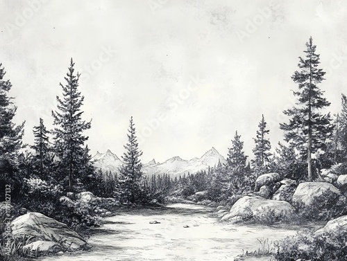 A grayscale drawing of a tranquil lake nestled amidst a majestic mountain range and evergreen forest.