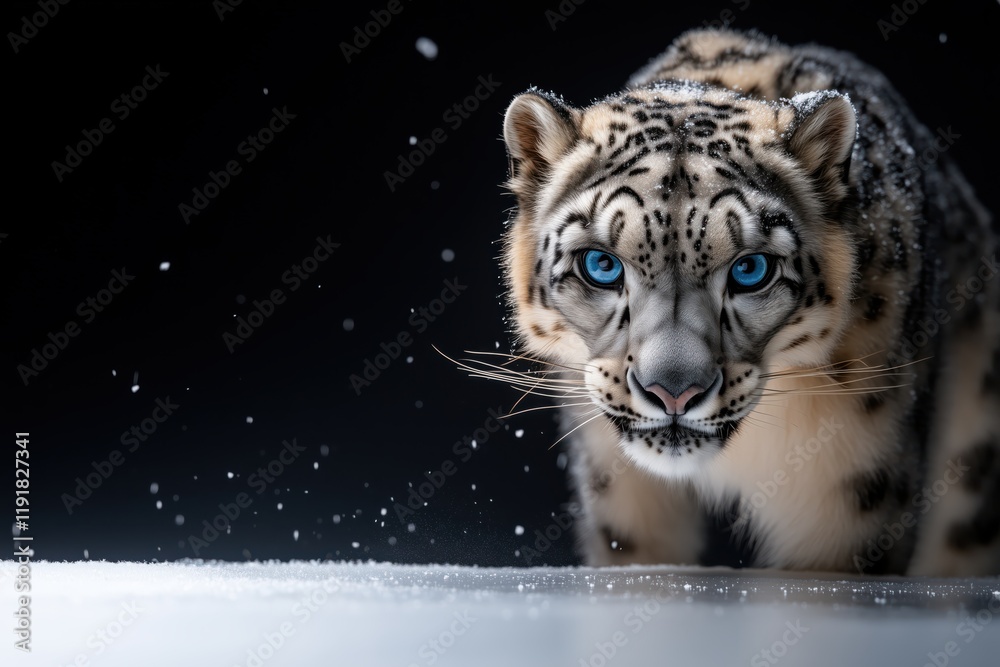 Close-up of a snow leopard with piercing blue eyes, walking through a snowy landscape with a dark background.